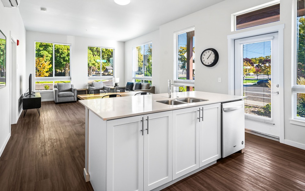 bright spacious kitchen with serving counter